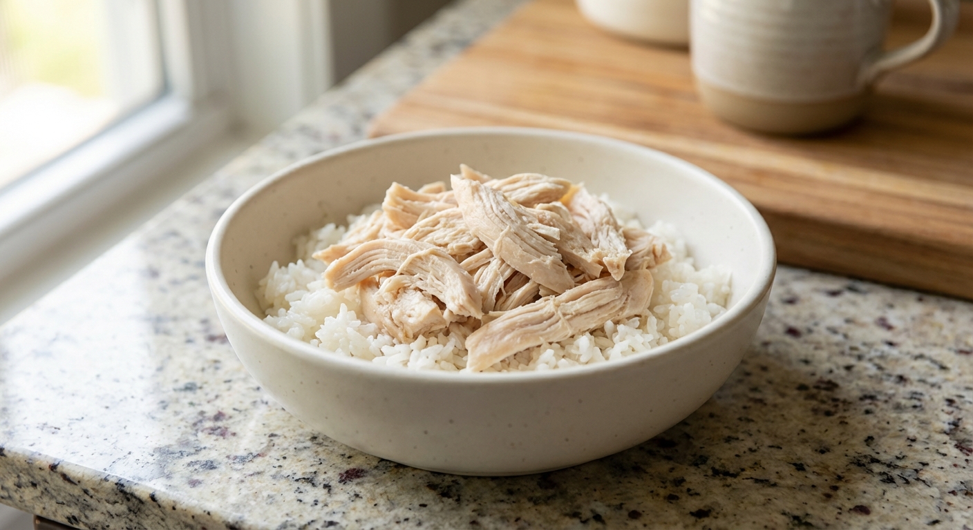 A real photograph of a small bowl containing plain shredded chicken and white rice on a kitchen counter