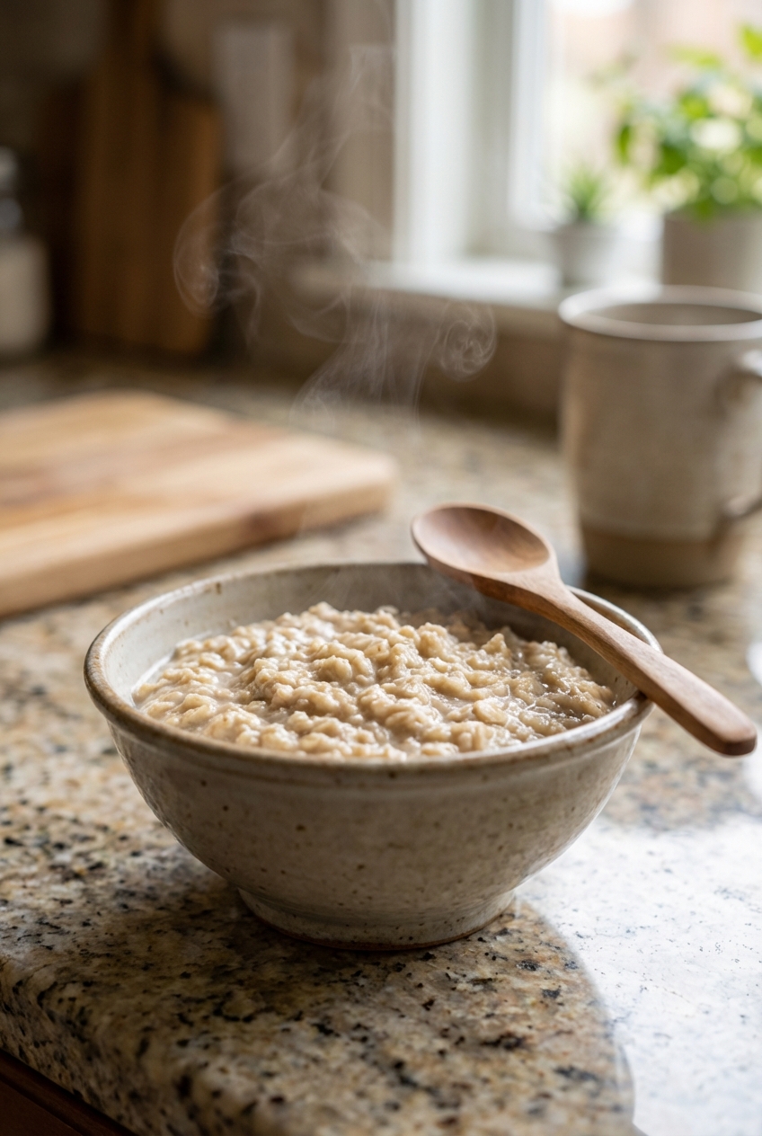 A real photograph of a small bowl of plain cooked oatmeal cooling on a kitchen counter