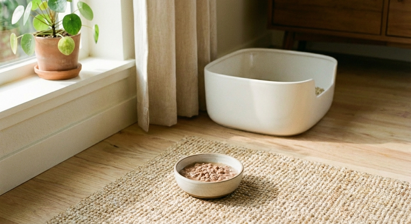 A real photograph of a small ceramic bowl of wet cat food with added water on a kitchen floor