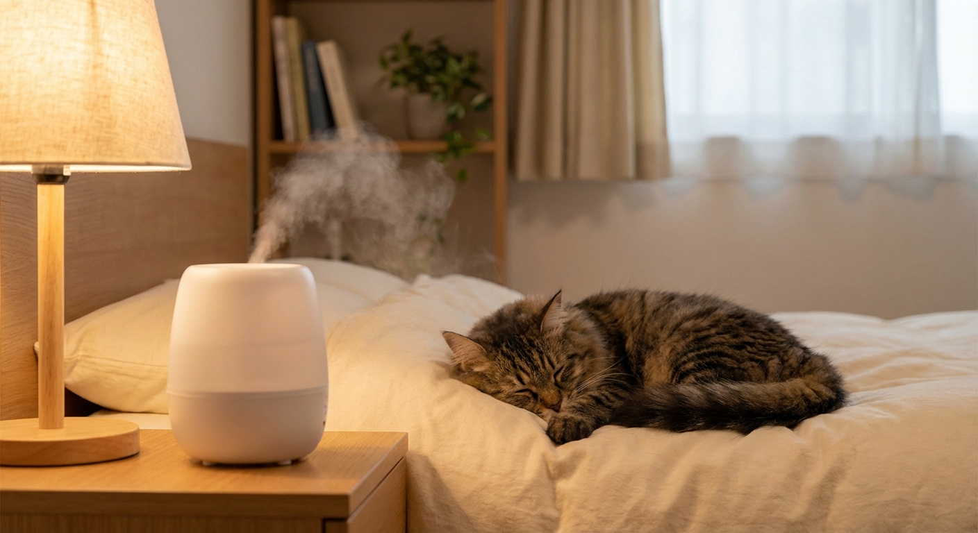 A real photograph of a small cool-mist humidifier running beside a sleeping cat on a bed in a softly lit room