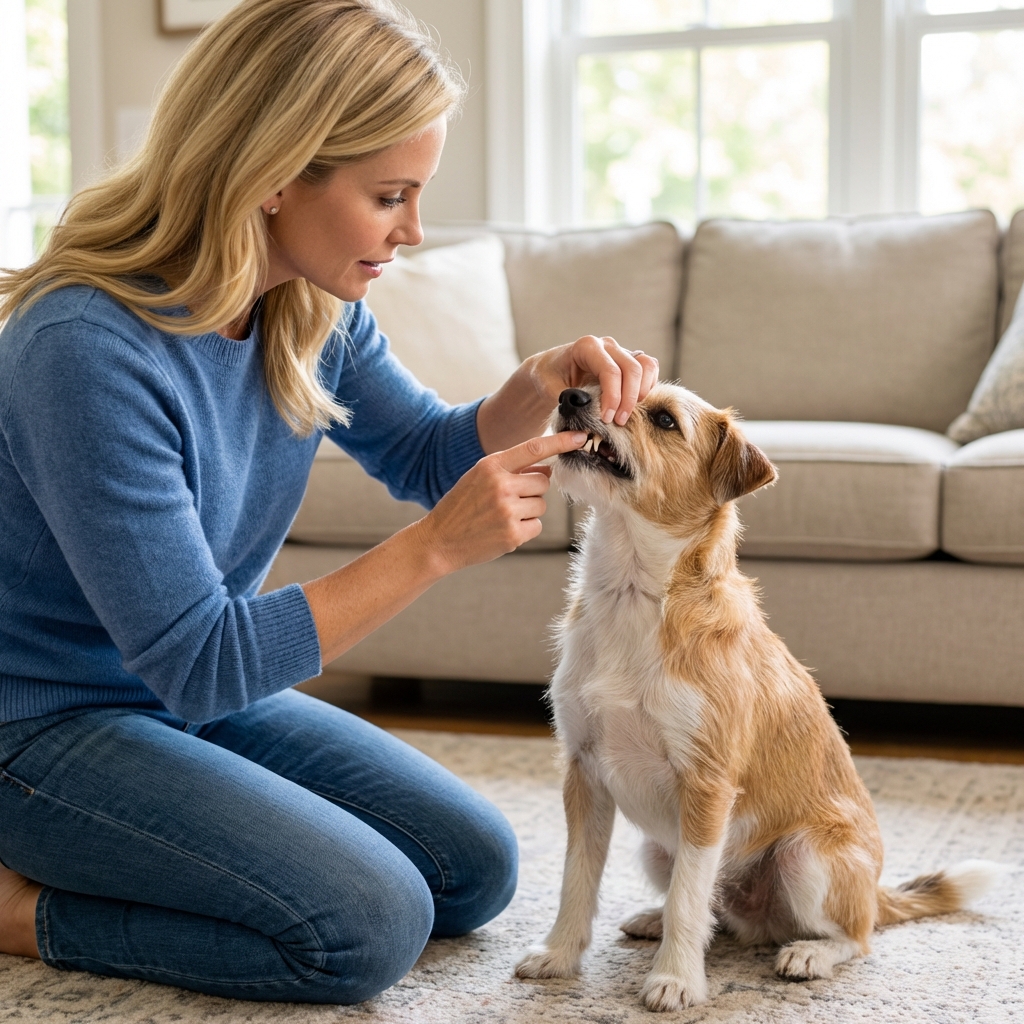 A real photograph of a small dog sitting calmly while an owner gently lifts the lip to look at the teeth