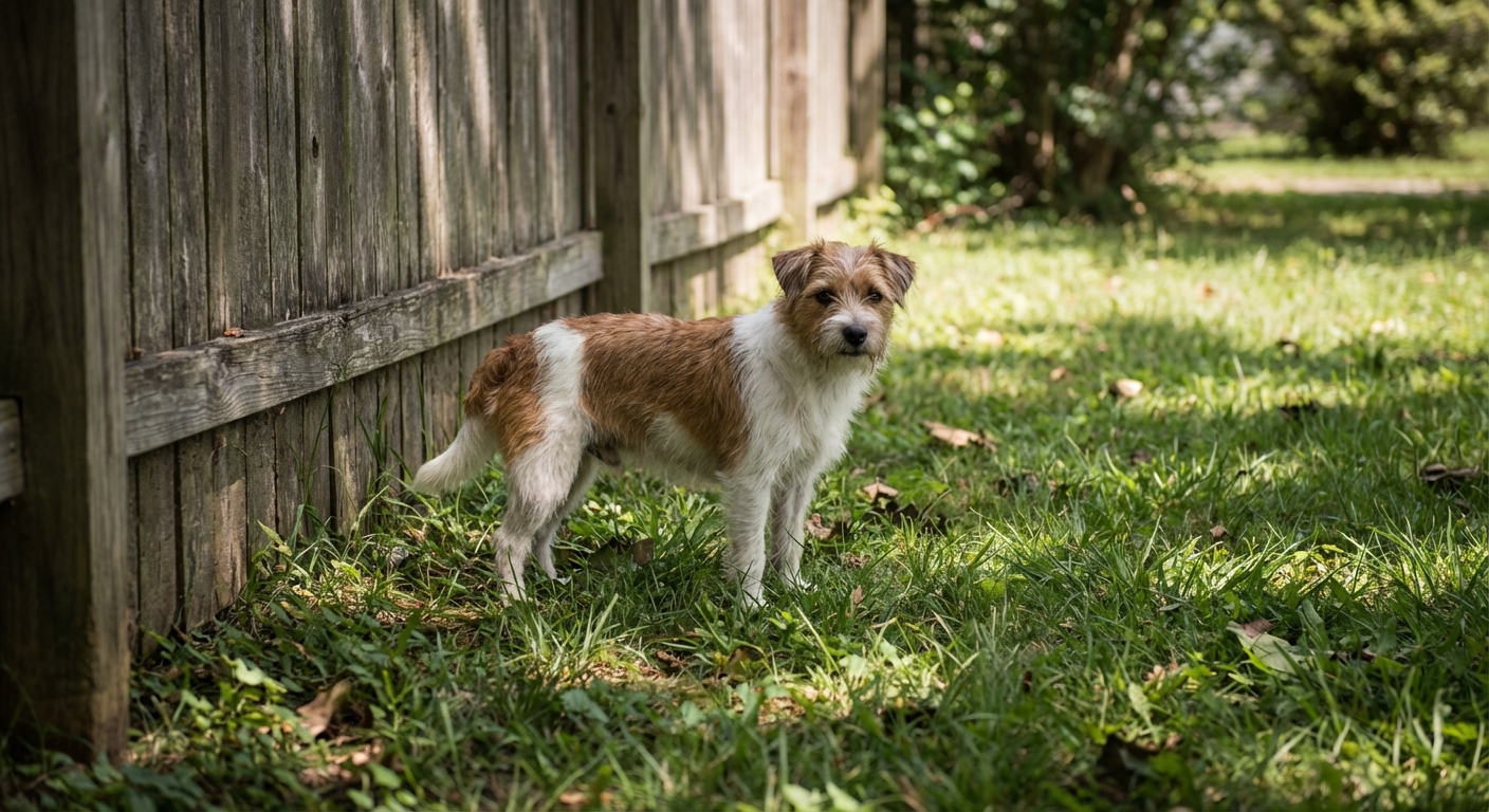 A real photograph of a small dog standing in a shady patch of grass near a wooden fence