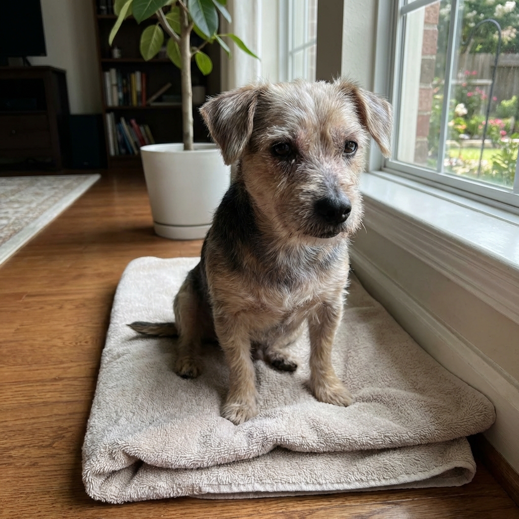 A real photograph of a small dog with patchy hair loss on the face sitting calmly on a towel at home in natural window light