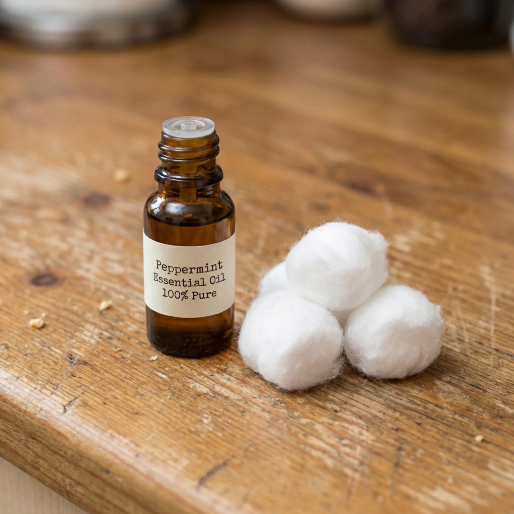 A real photograph of a small glass bottle of peppermint essential oil on a countertop near cotton balls