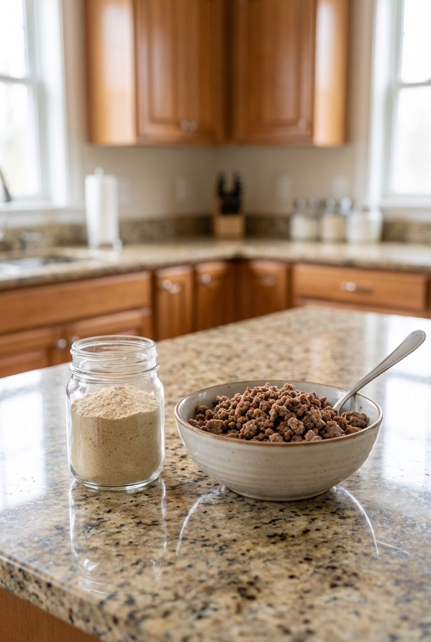 A real photograph of a small jar of pet supplement powder next to a bowl of cooked ground meat and a spoon on a kitchen counter