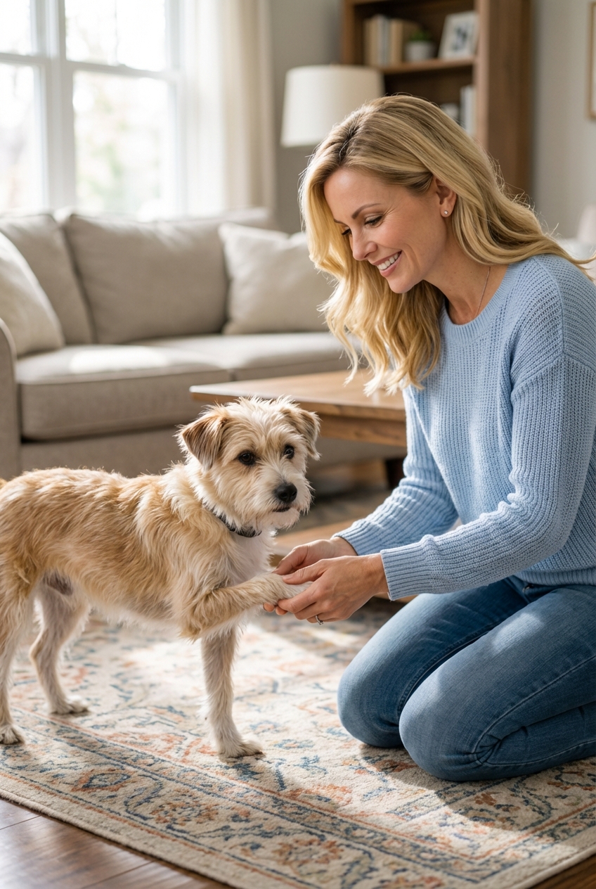 A real photograph of a small mixed-breed dog standing on a living room rug while its owner gently holds one paw