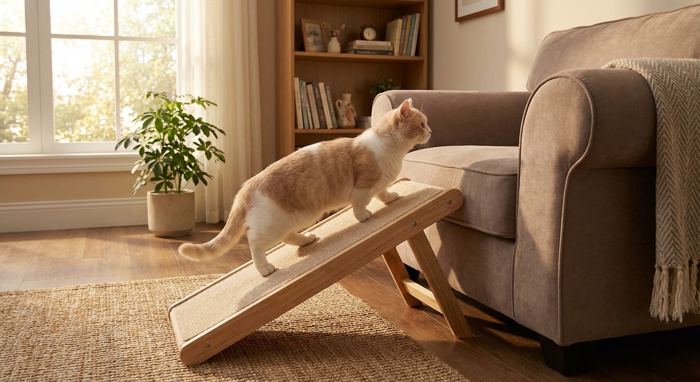 A real photograph of a small pet ramp positioned next to a couch with a Munchkin cat walking up the ramp, cozy living room, natural window light