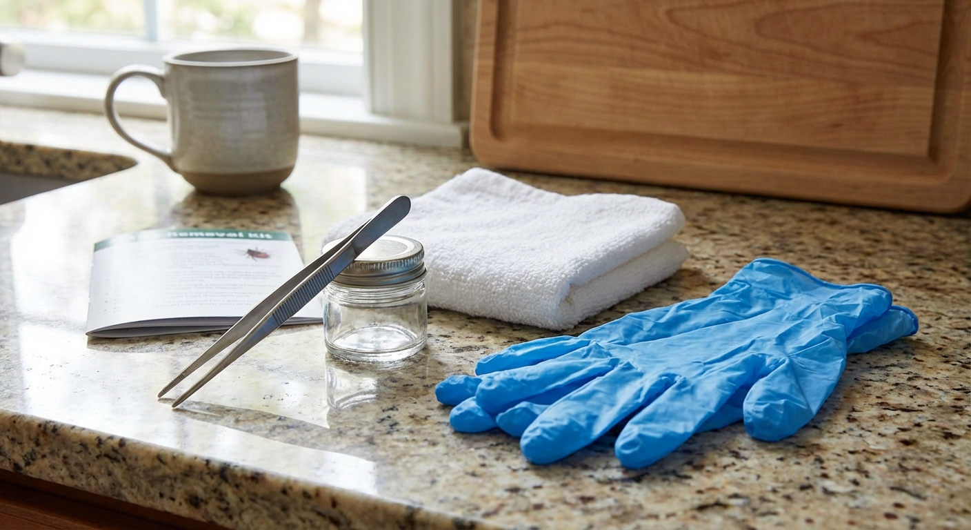 A real photograph of a small tick removal kit on a kitchen counter with gloves, tweezers, a small jar, and a towel