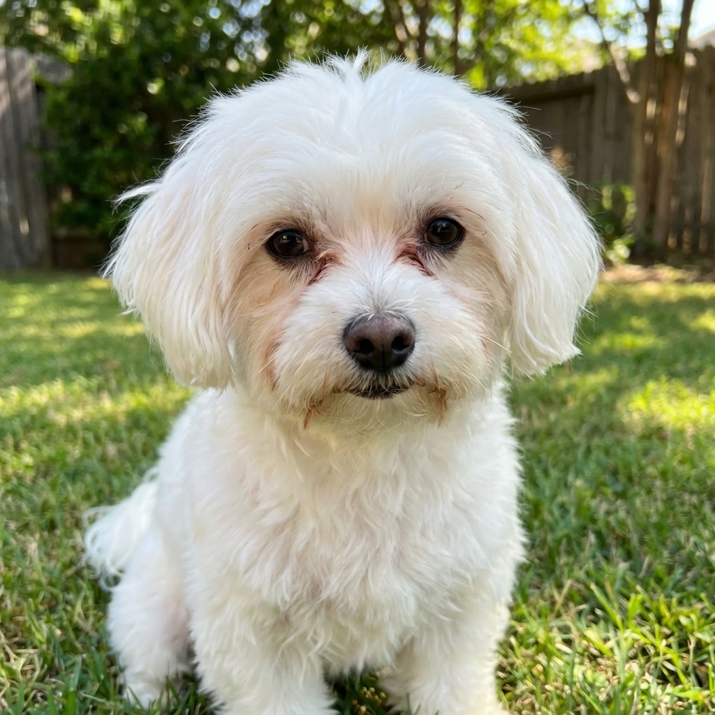 A real photograph of a small white dog outdoors with mild reddish-brown tear staining visible beneath the inner corners of both eyes