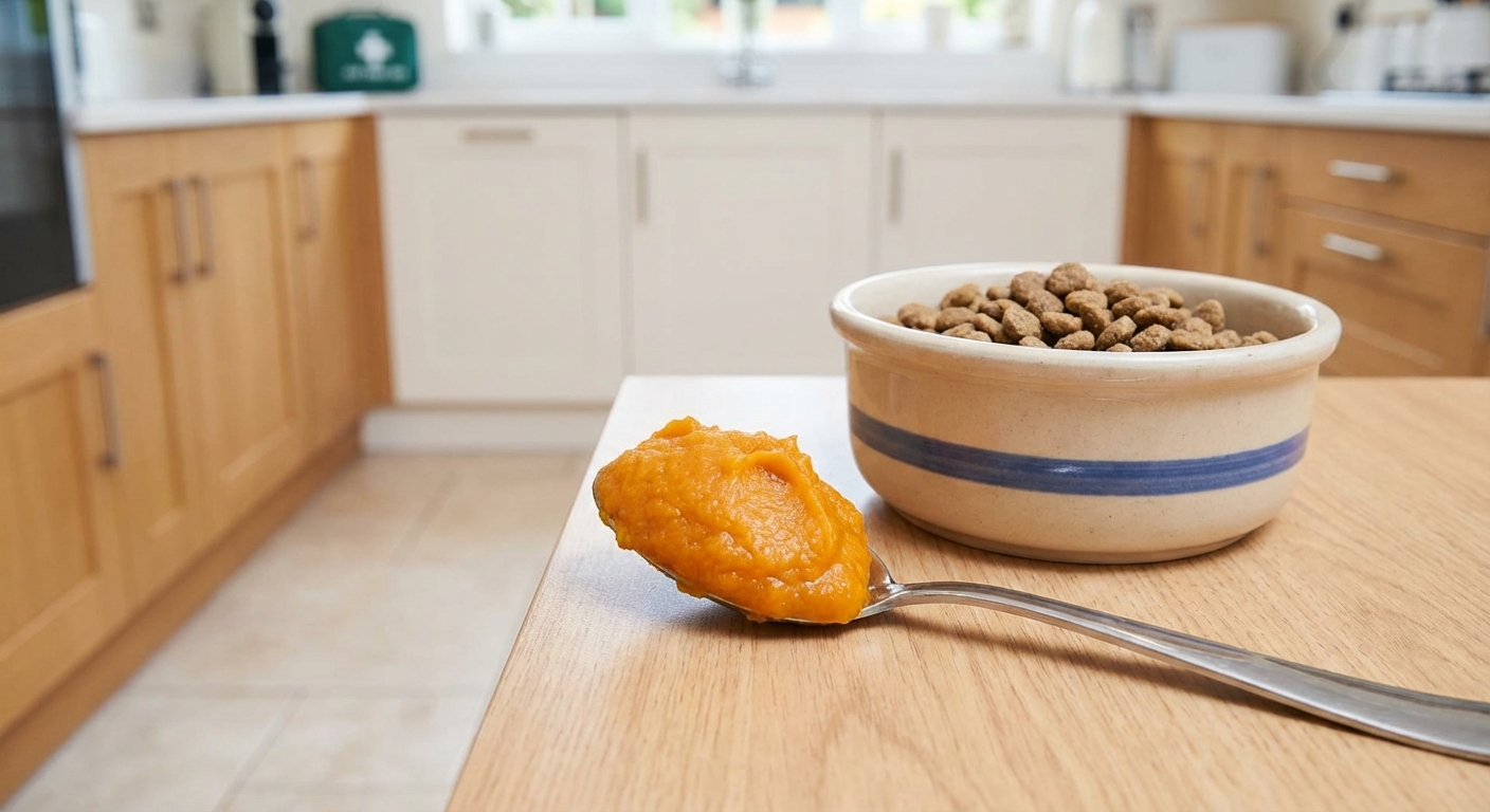 A real photograph of a spoonful of plain canned pumpkin next to a dog food bowl on a countertop