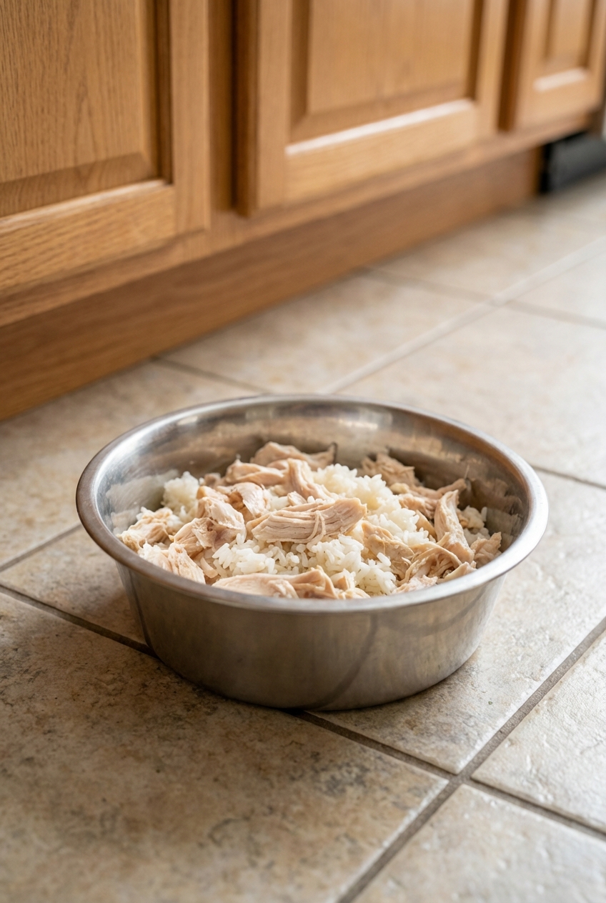 A real photograph of a stainless steel dog bowl containing plain boiled chicken and white rice on a kitchen floor