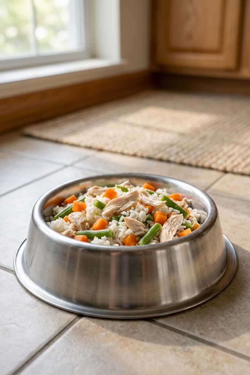 A real photograph of a stainless steel dog bowl on a kitchen floor filled with cooked shredded chicken, white rice, and chopped cooked carrots and green beans, natural window light, shallow depth of field