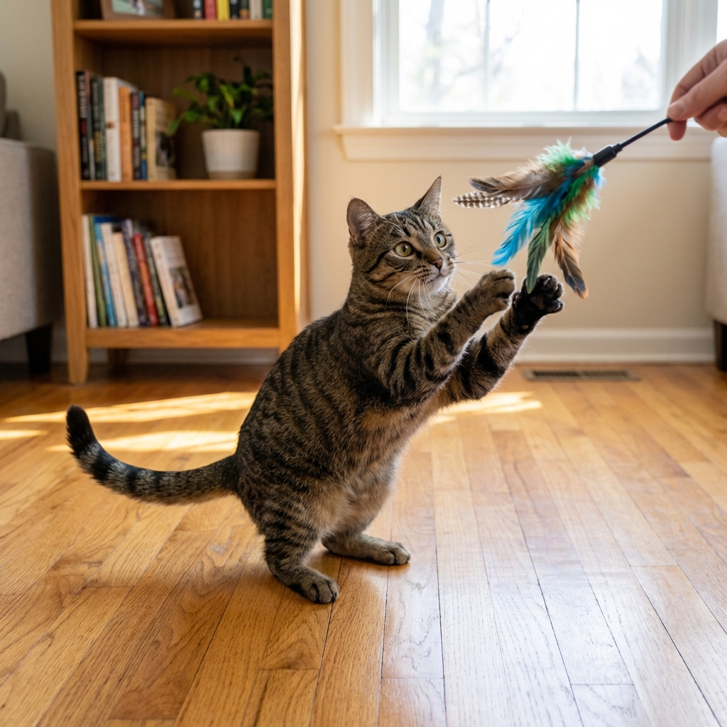 A real photograph of a tabby cat playing with a feather wand toy on a hardwood floor