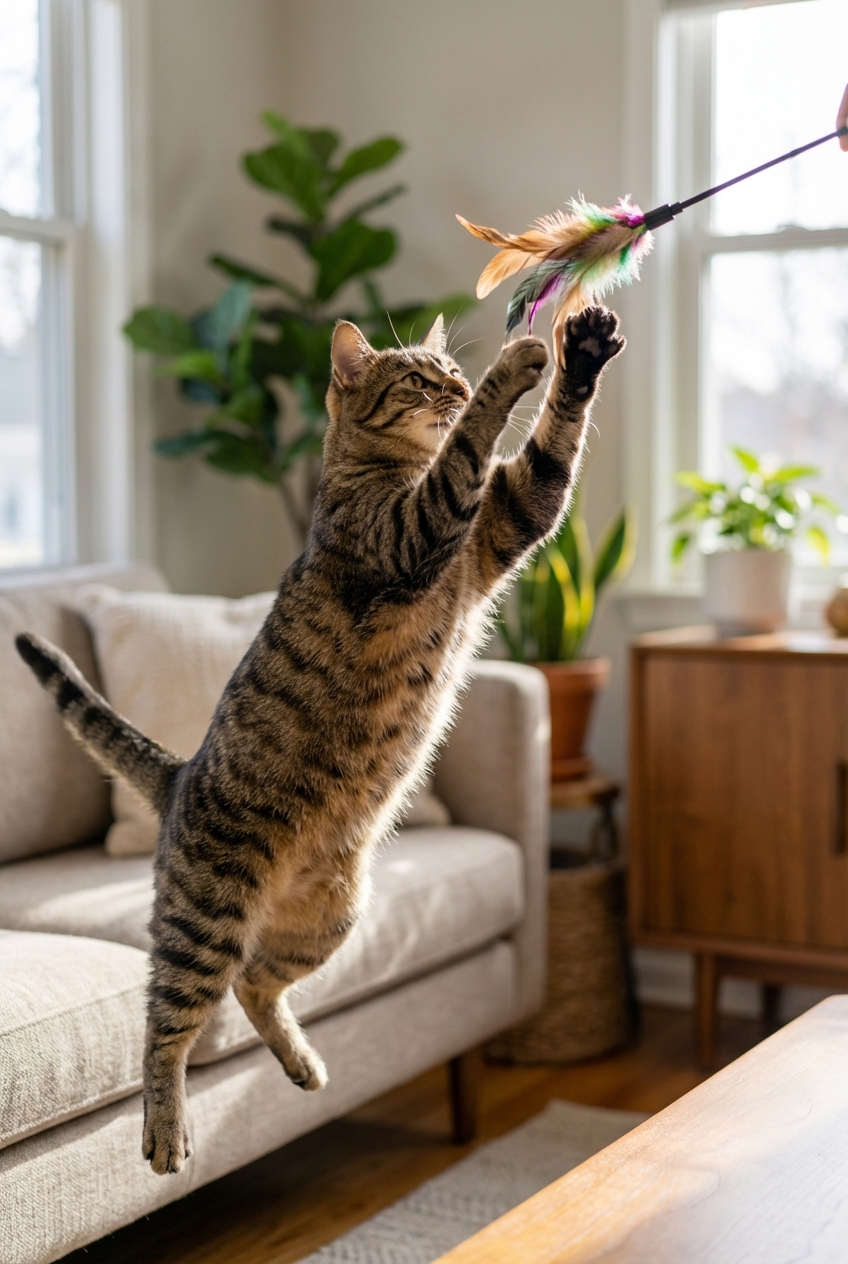 A real photograph of a tabby cat reaching up to bat a feather wand toy in a living room