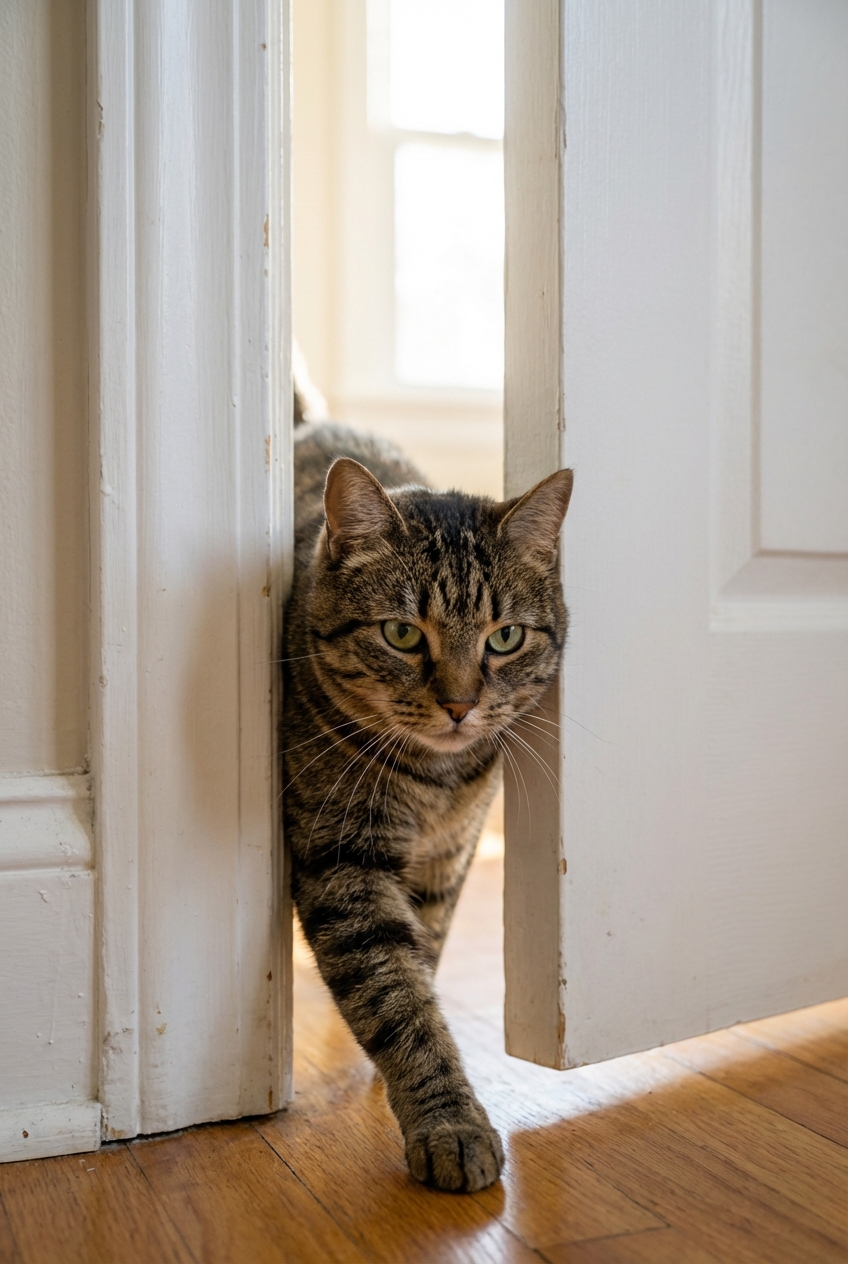 A real photograph of a tabby cat slipping through a narrow, partially open interior door