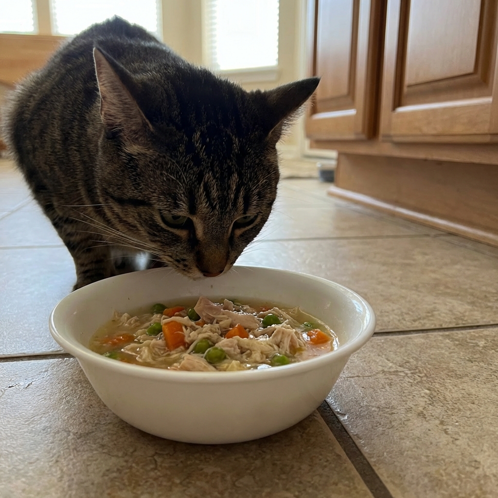 A real photograph of a tabby cat sniffing a small bowl of homemade chicken food on a kitchen floor