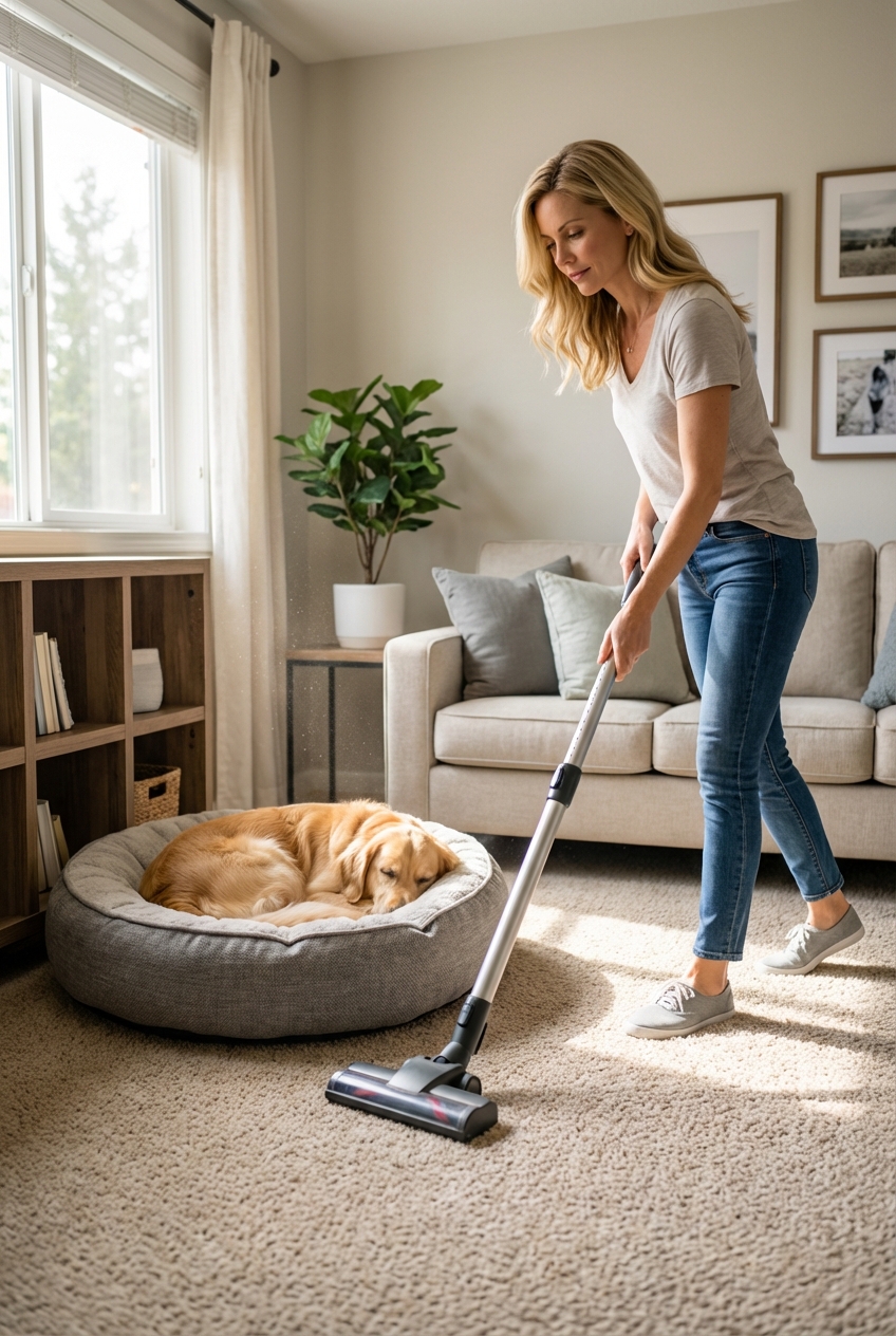 A real photograph of a vacuum cleaner being used on a carpet near a pet bed in a living room