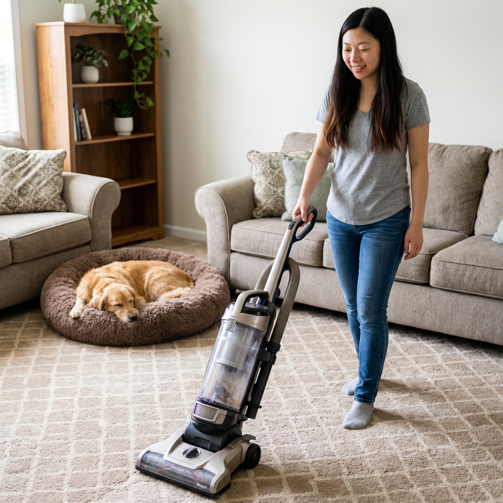 A real photograph of a vacuum cleaner being used on a living room carpet near a dog bed