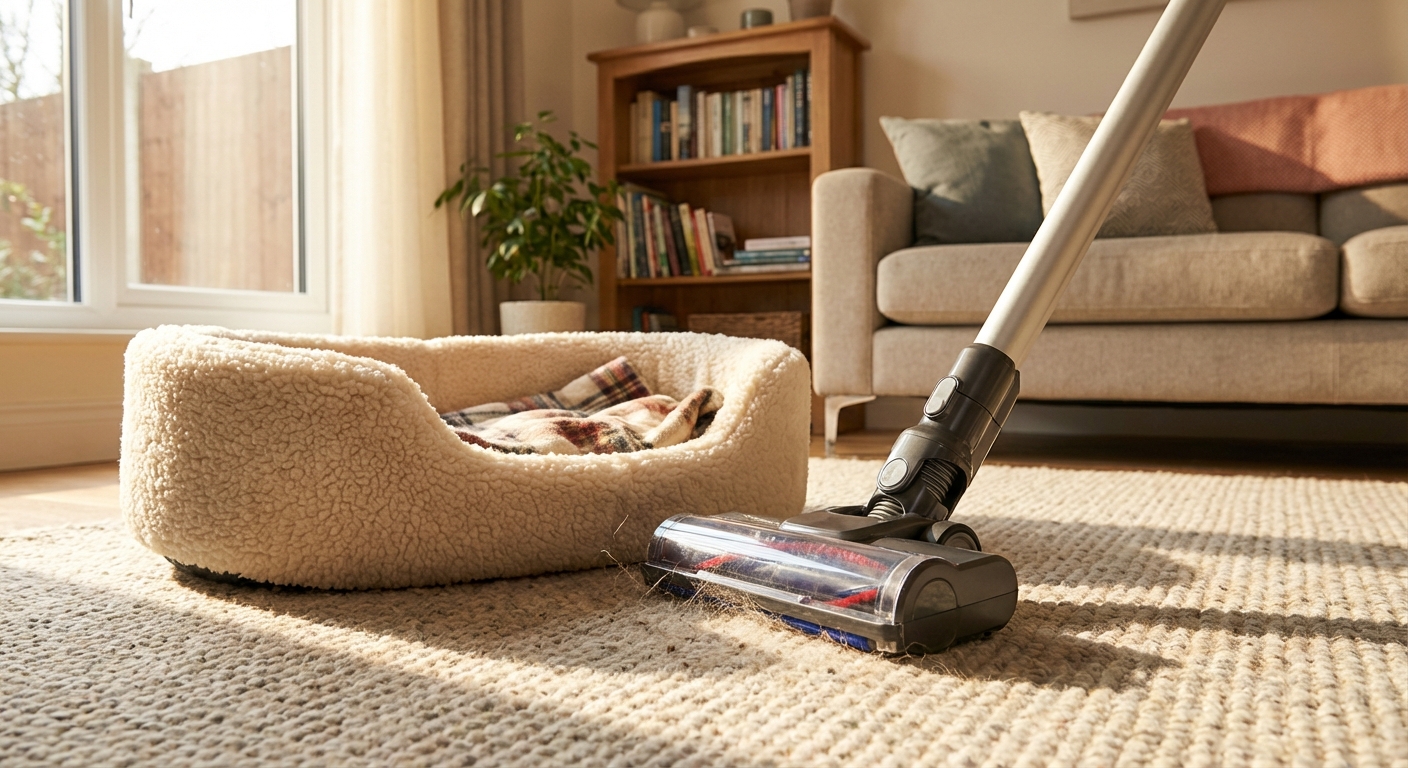 A real photograph of a vacuum cleaner head cleaning carpet near a pet bed in a sunlit living room