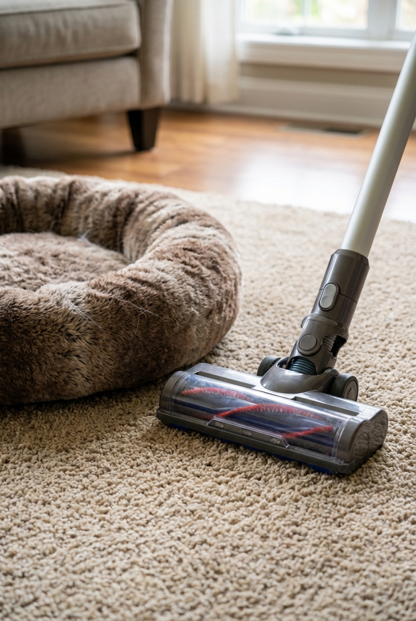A real photograph of a vacuum cleaner head on a living room carpet near a pet bed