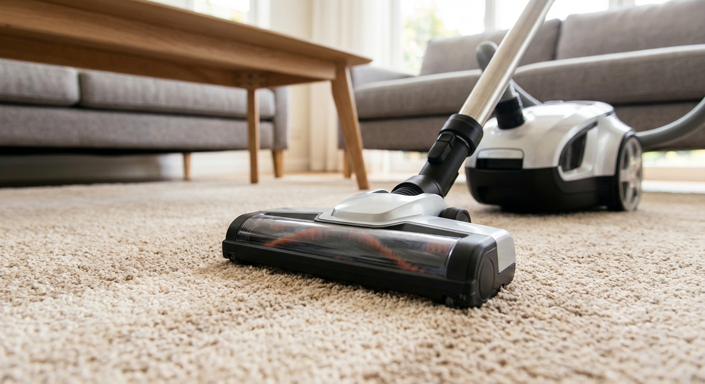 A real photograph of a vacuum cleaner head running over carpet in a living room