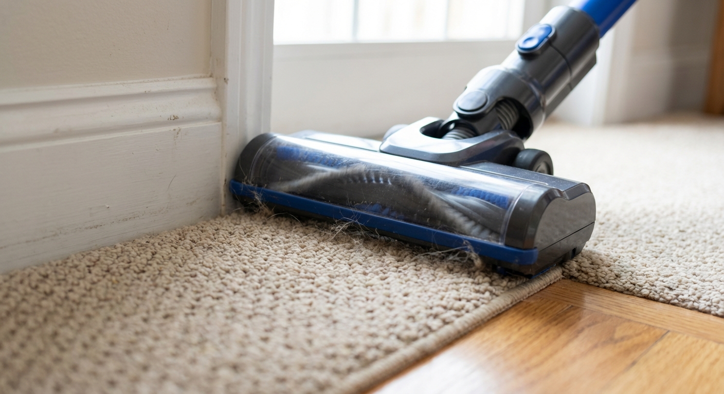A real photograph of a vacuum cleaner head running along the edge of a living room carpet near a baseboard