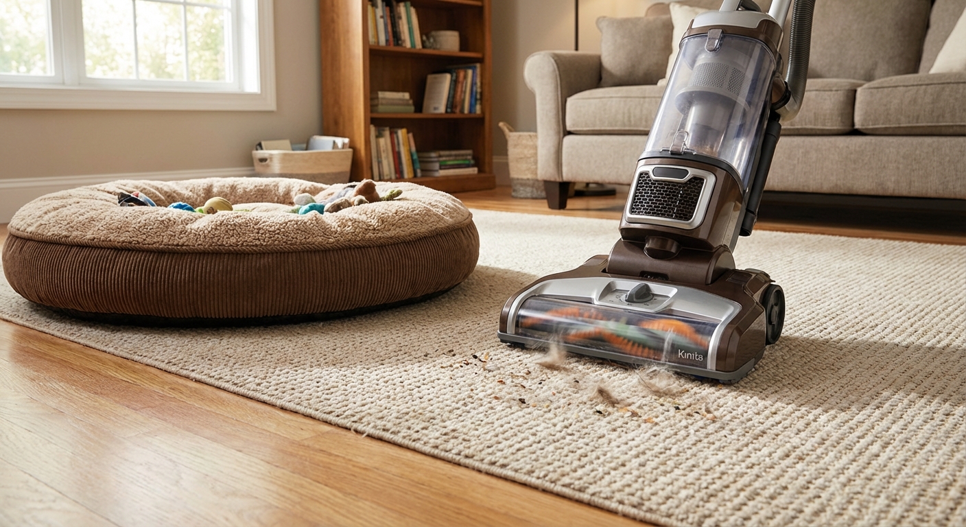 A real photograph of a vacuum cleaning a carpet near a dog bed in a living room