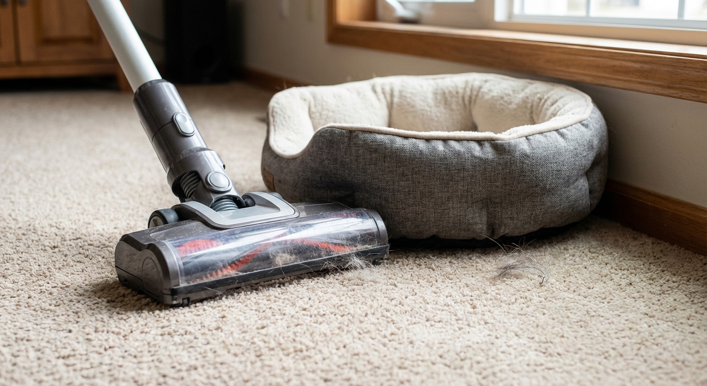 A real photograph of a vacuum head passing over carpet near a pet bed
