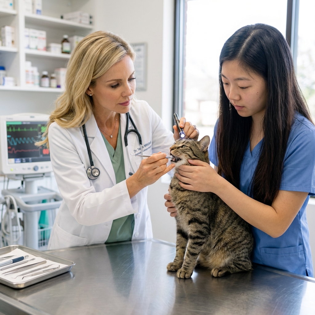 A real photograph of a veterinarian examining a cat’s mouth and teeth while an assistant gently supports the cat
