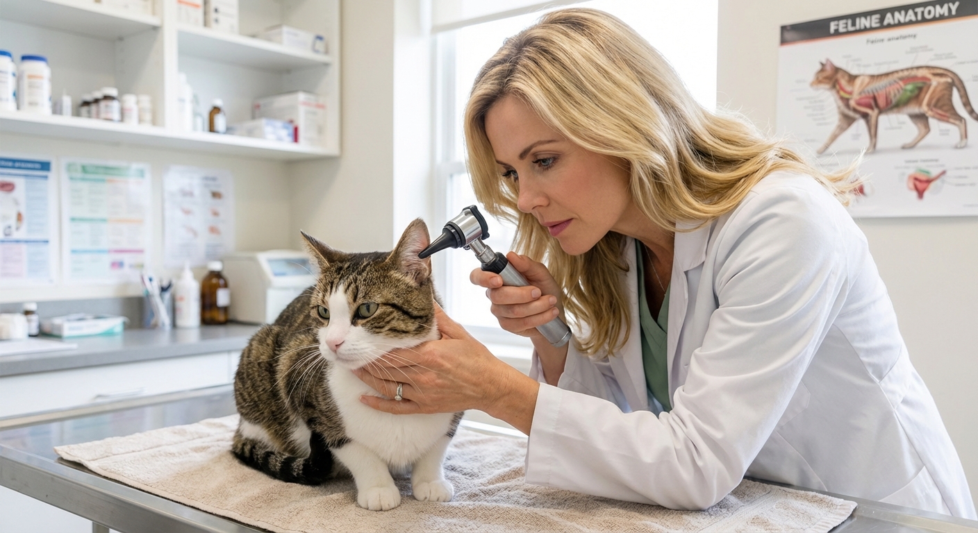 A real photograph of a veterinarian examining a cat's ears with an otoscope in a clinic exam room