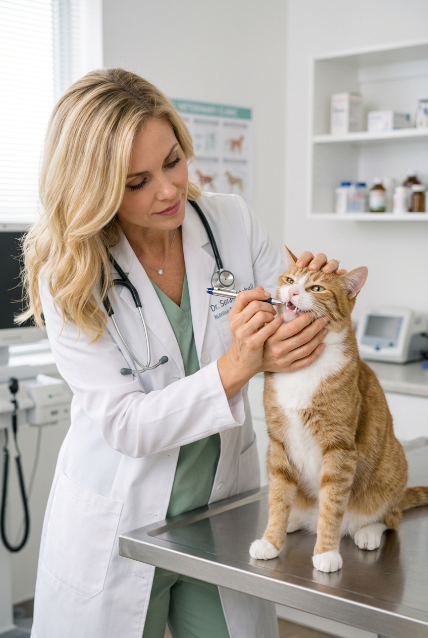 A real photograph of a veterinarian examining a cat's mouth in a clinic exam room