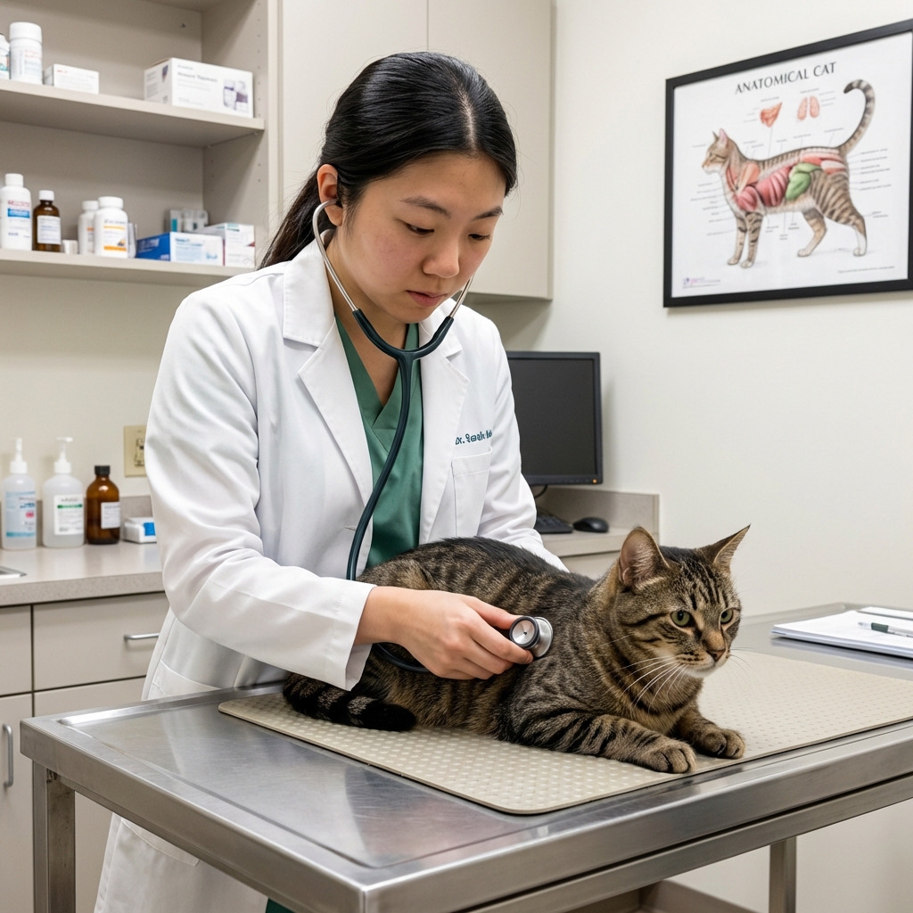 A real photograph of a veterinarian examining a cat’s breathing with a stethoscope in a clinic exam room