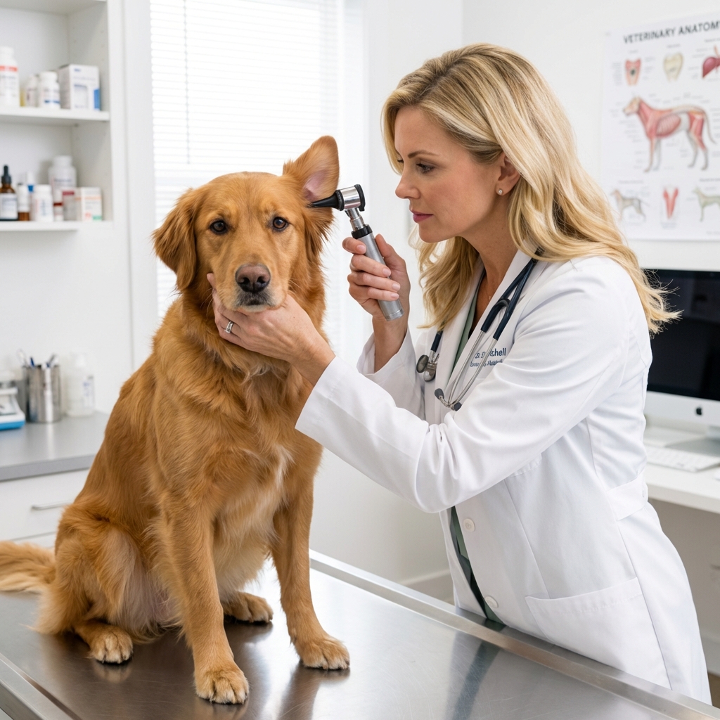 A real photograph of a veterinarian examining a dog’s ear with an otoscope in a clinic exam room