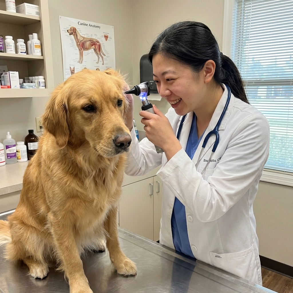 A real photograph of a veterinarian examining a dog’s ear with an otoscope in a clinic setting