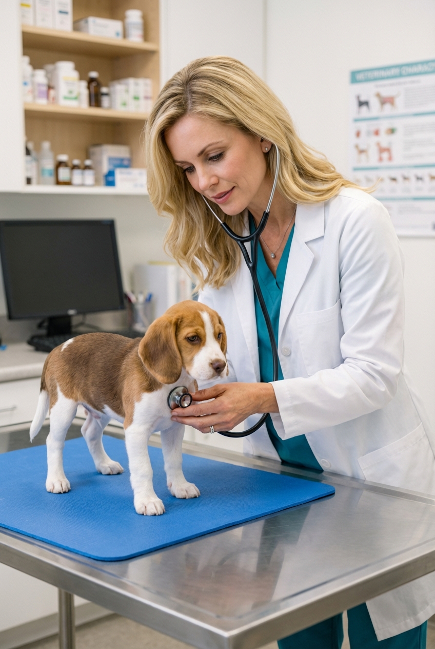 A real photograph of a veterinarian examining a small dog on an exam table in a clinic room