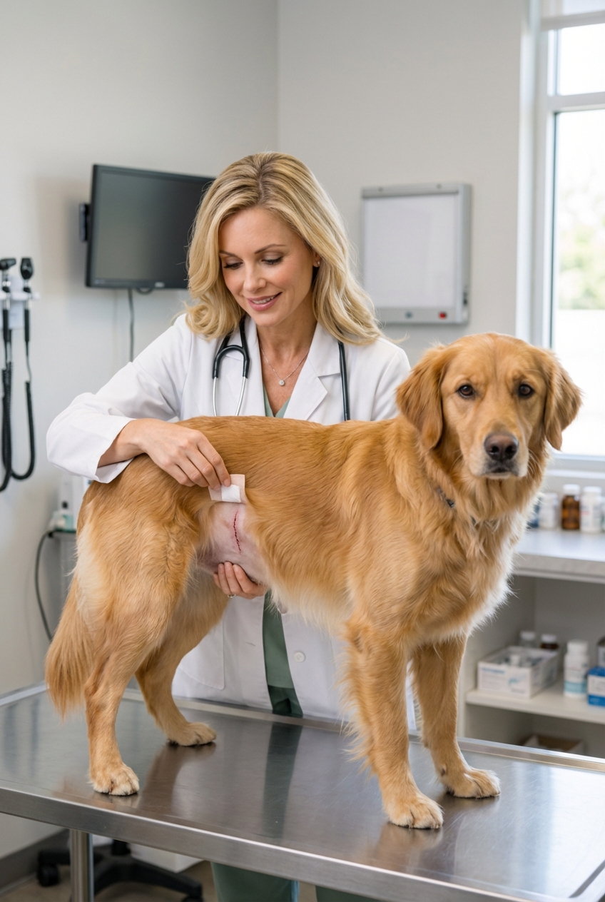 A real photograph of a veterinarian gently checking a male dog's surgical incision while the dog stands calmly on a clinic exam table