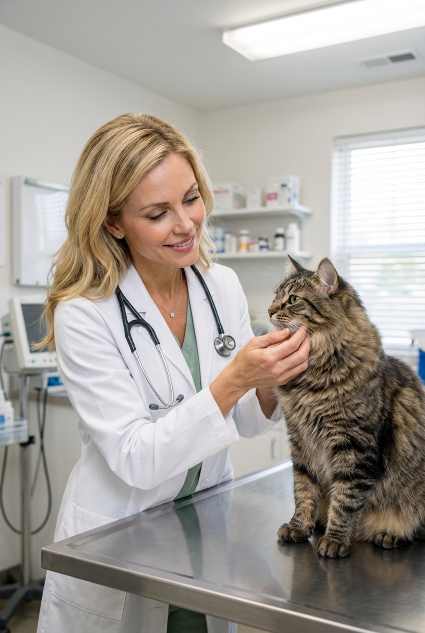 A real photograph of a veterinarian gently examining a cat’s chin in a clinic exam room