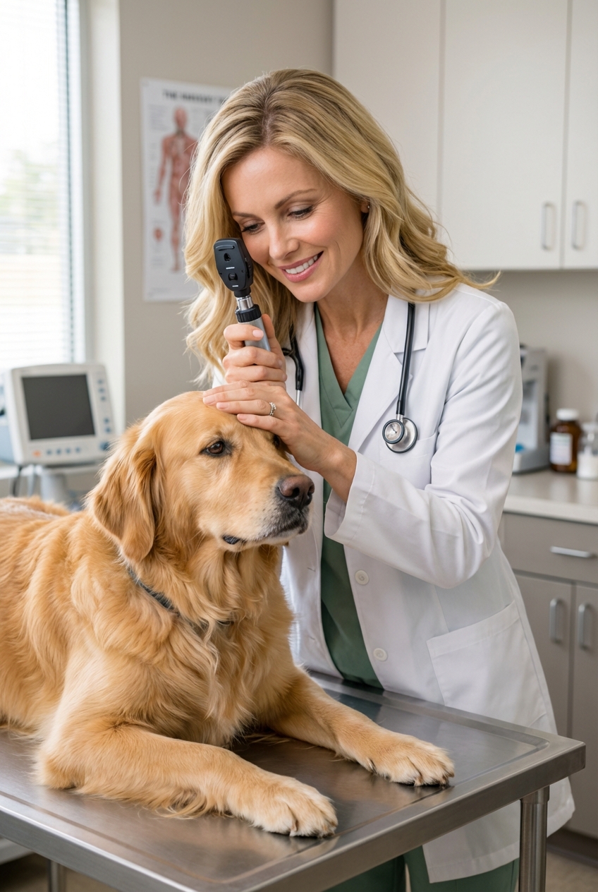A real photograph of a veterinarian gently examining a dog's eye in a clinic room with the dog resting on an exam table