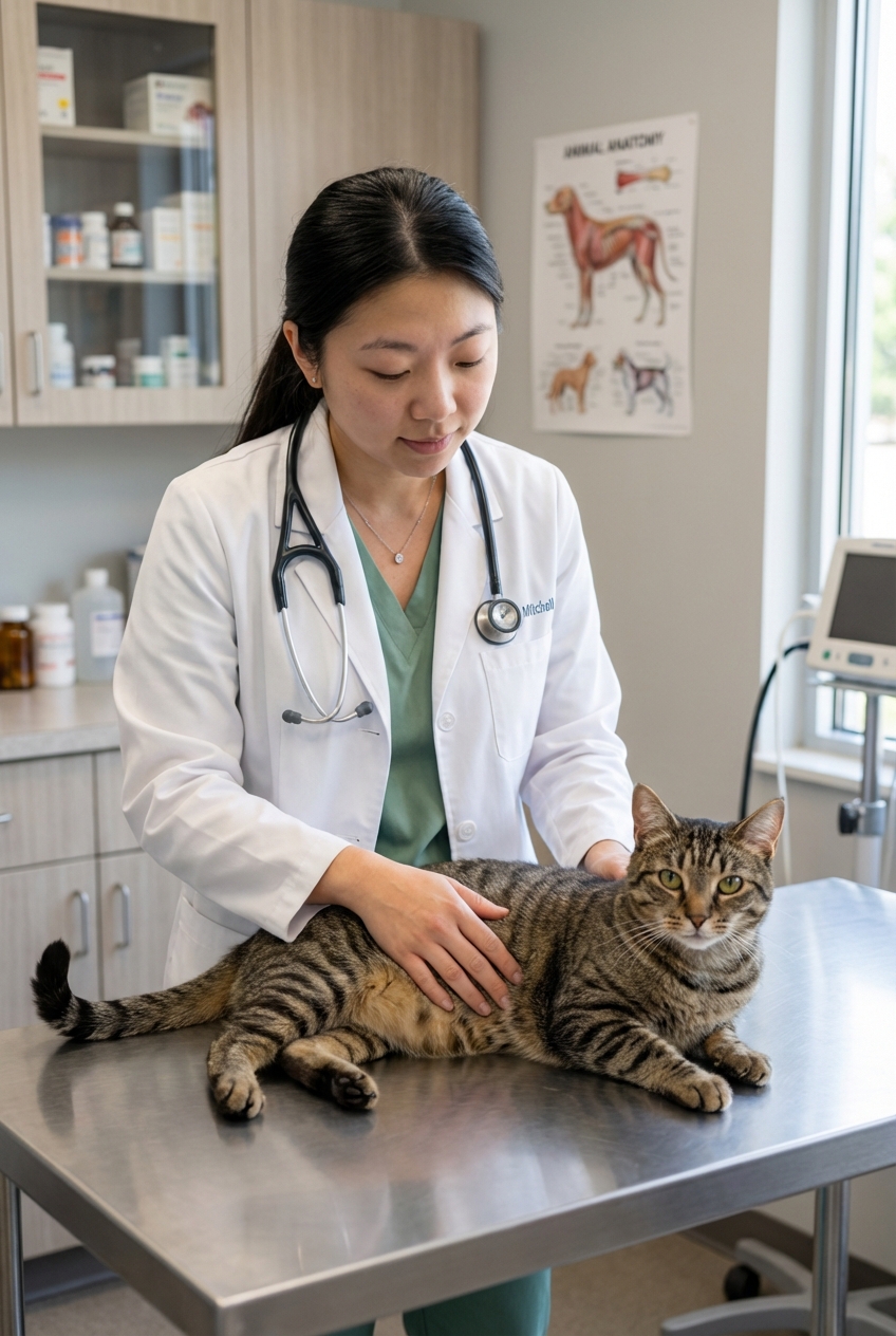 A real photograph of a veterinarian gently examining a calm cat on an exam table in a clinic