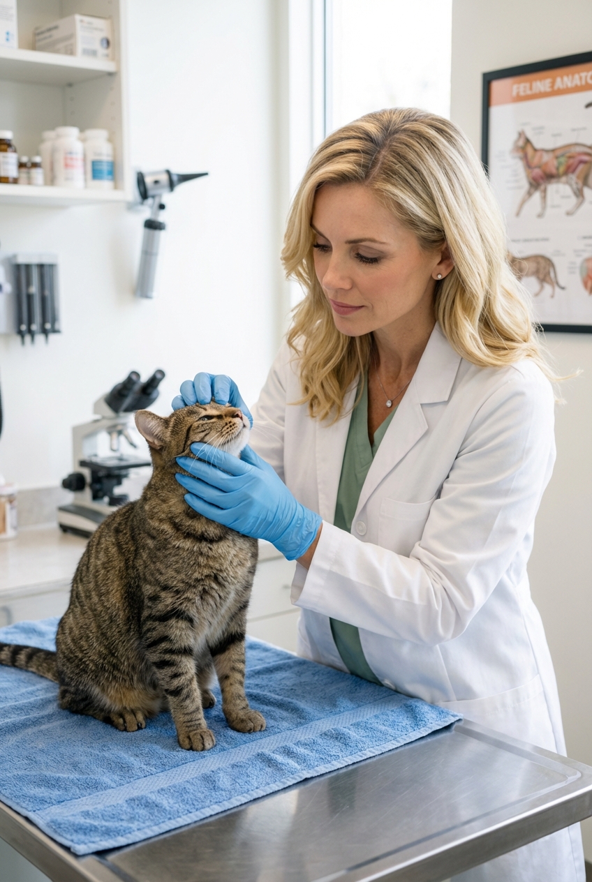 A real photograph of a veterinarian gently examining a cat's face and nose in a clinic exam room