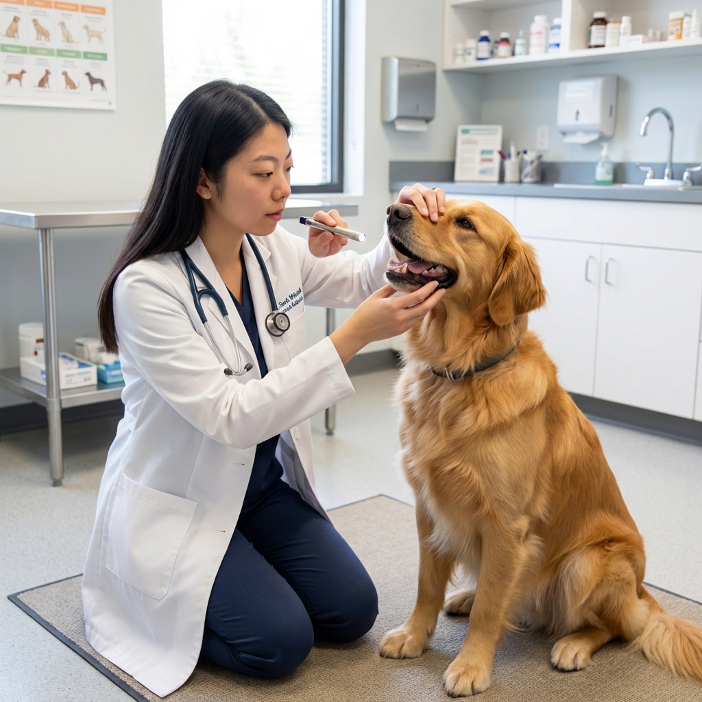 A real photograph of a veterinarian gently examining a dog's throat and mouth in a clinic exam room