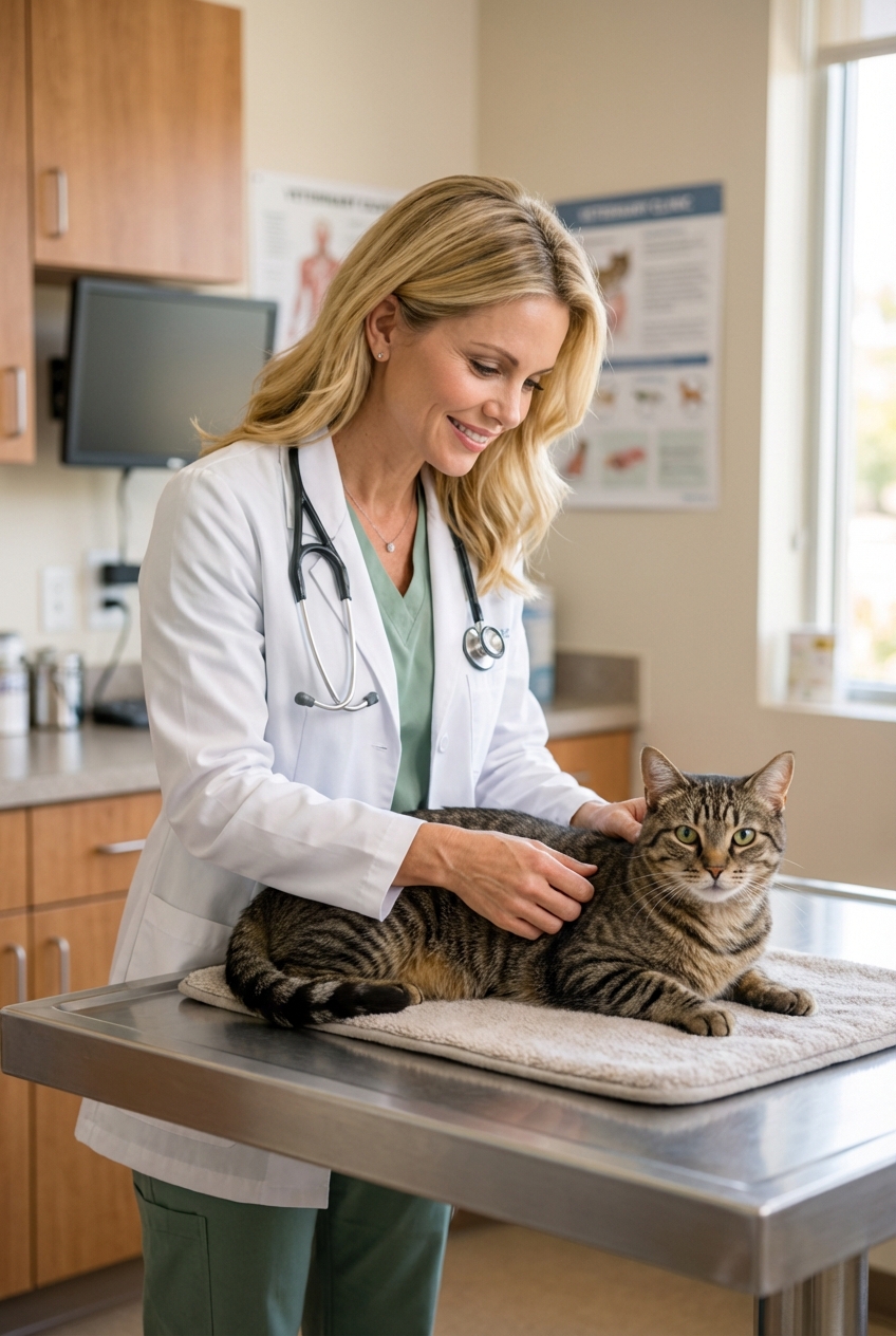 A real photograph of a veterinarian gently examining a cat on an exam table in a clinic room