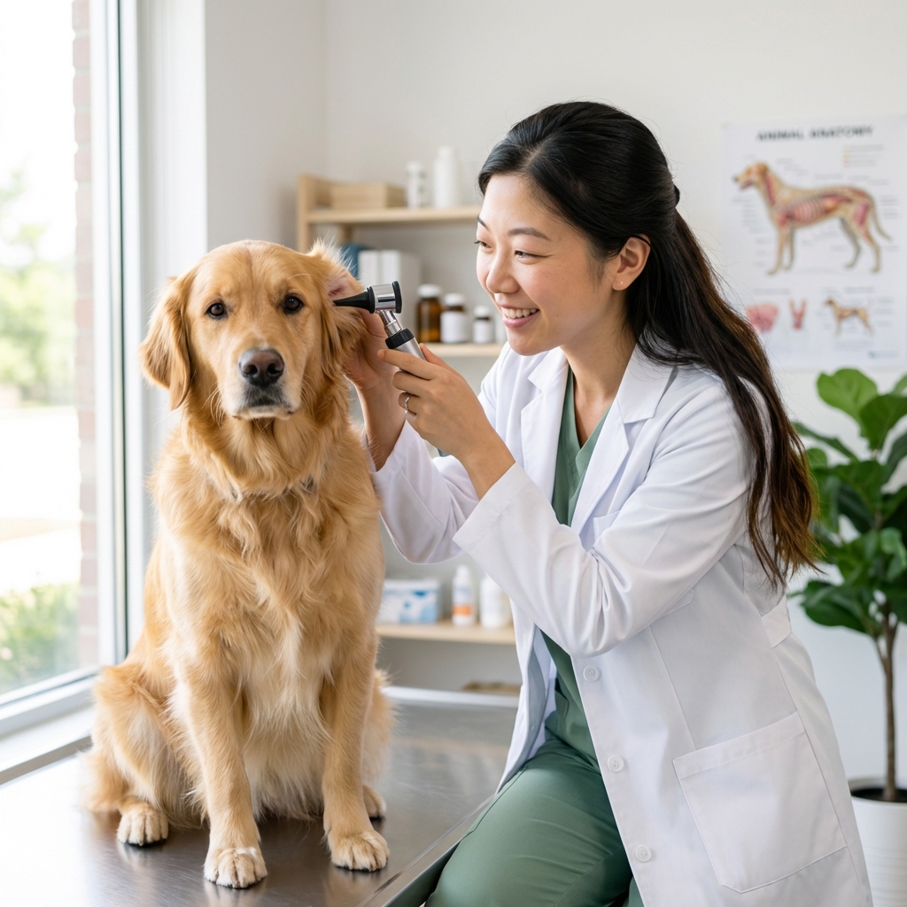 A real photograph of a veterinarian gently examining a dog’s ear with an otoscope in a bright clinic exam room