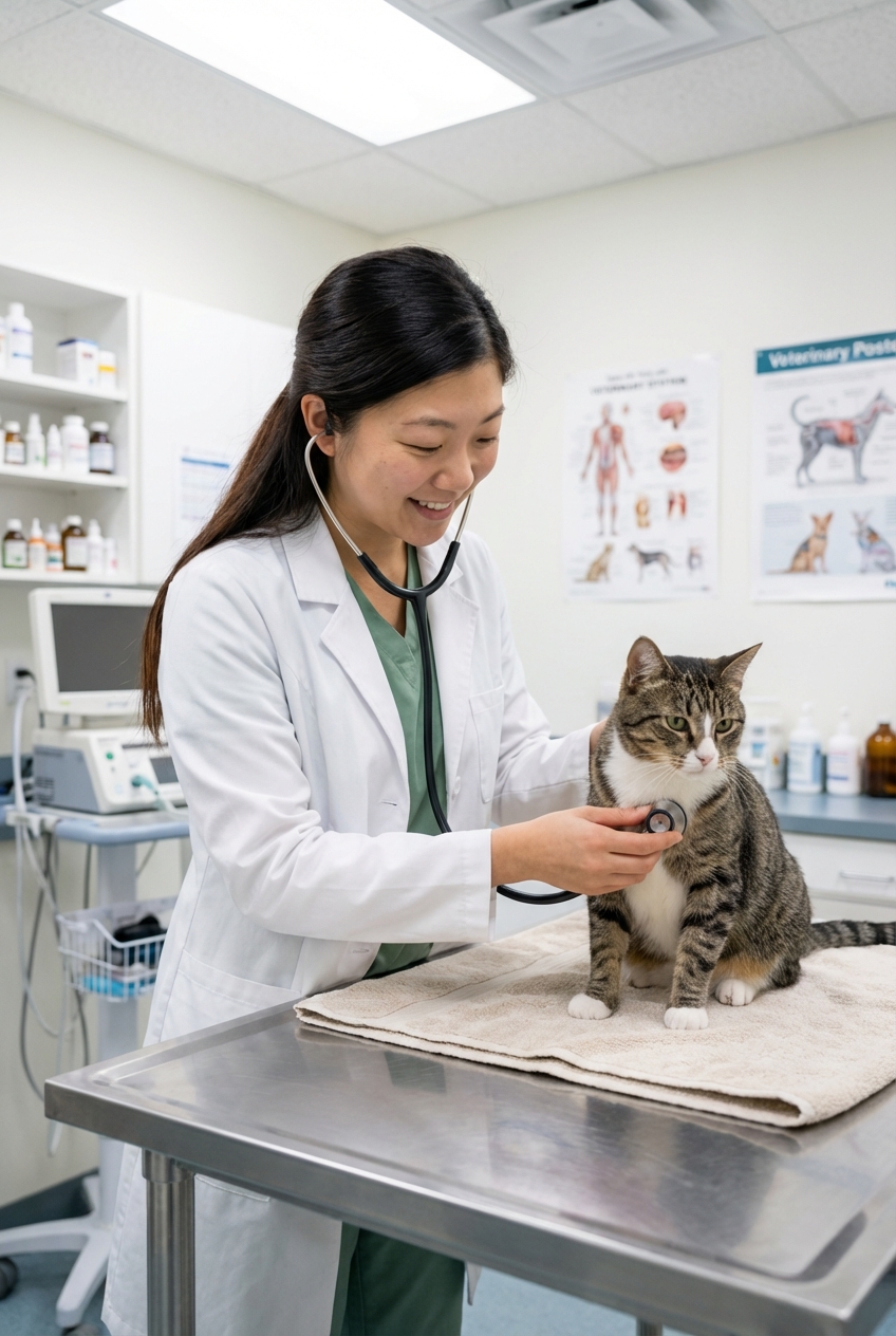 A real photograph of a veterinarian gently examining a cat on an exam table in a clinic room