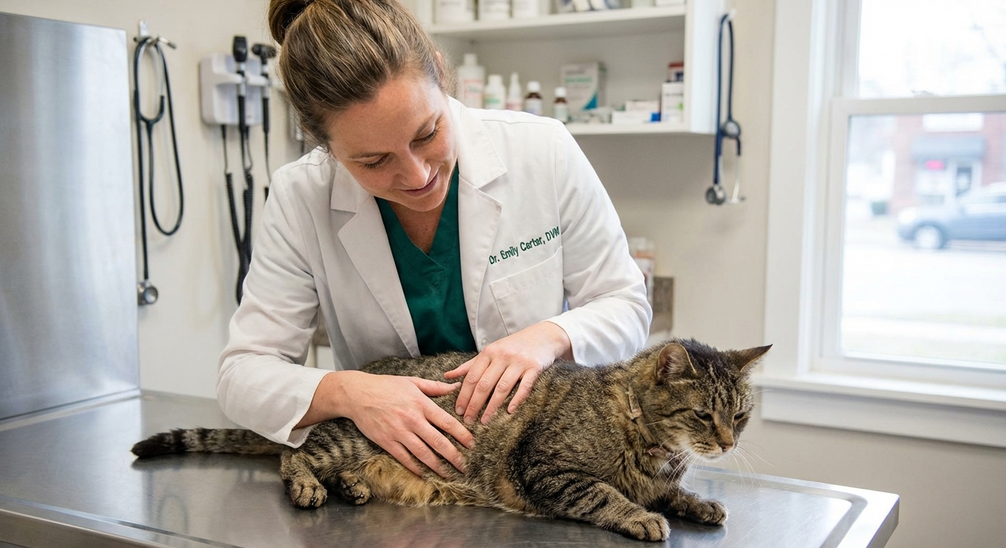 A real photograph of a veterinarian gently examining an older tabby cat on a clinic table