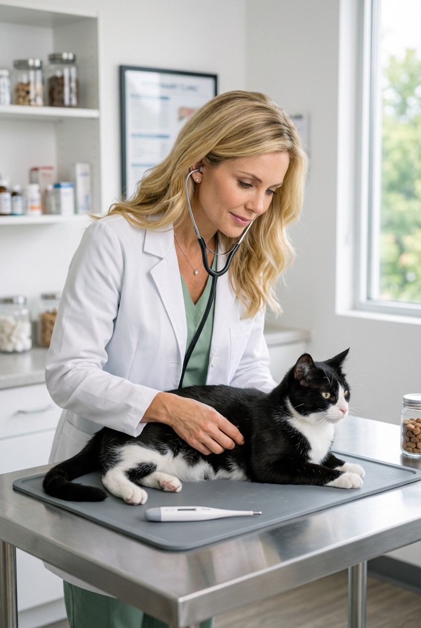 A real photograph of a veterinarian gently examining a black-and-white cat on an exam table