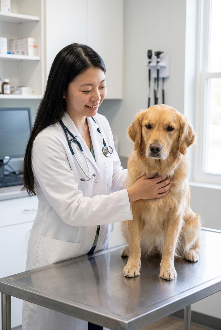 A real photograph of a veterinarian gently examining a female dog on an exam table in a clinic setting