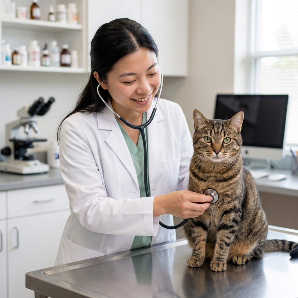 A real photograph of a veterinarian gently examining a tabby cat on an exam table with a stethoscope