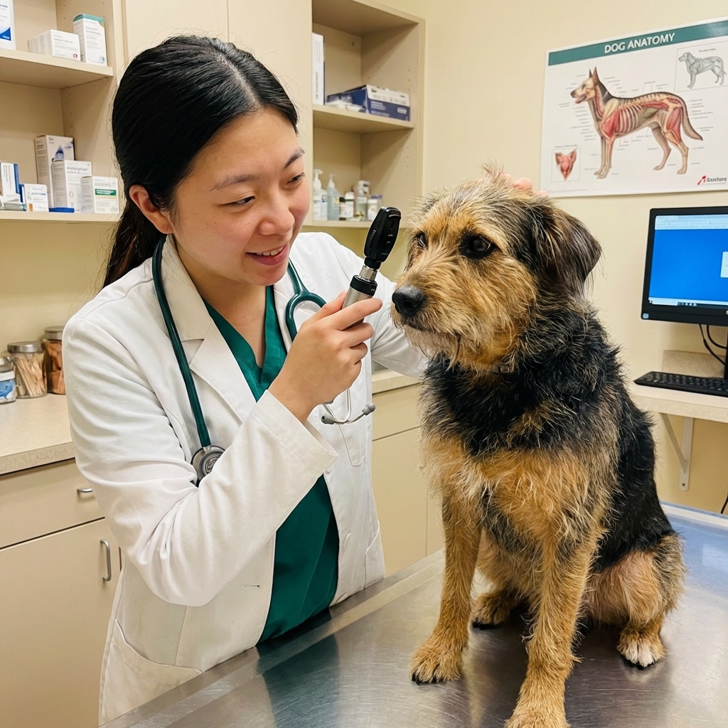 A real photograph of a veterinarian gently examining a medium-sized mixed-breed dog’s eye in a clinic exam room