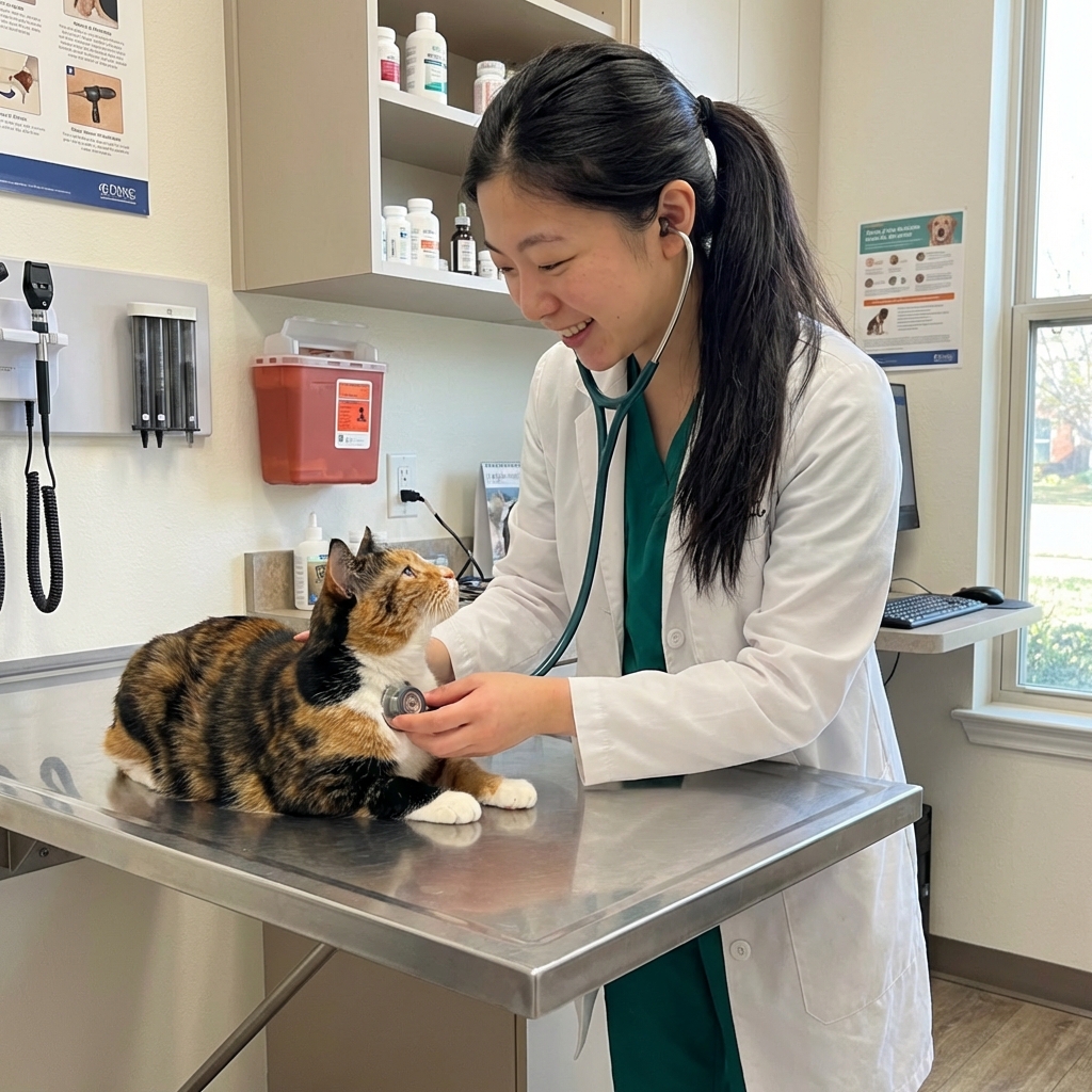 A real photograph of a veterinarian gently examining a calico cat on an exam table in a clinic room